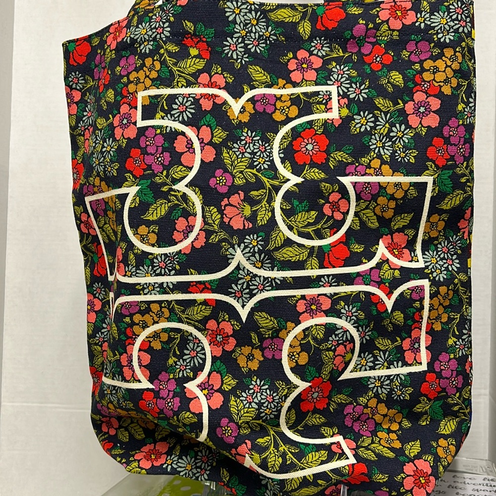 Tory Burch Canvas Wallpaper Floral Tote White Logo On Front Red Logo On Back NEW